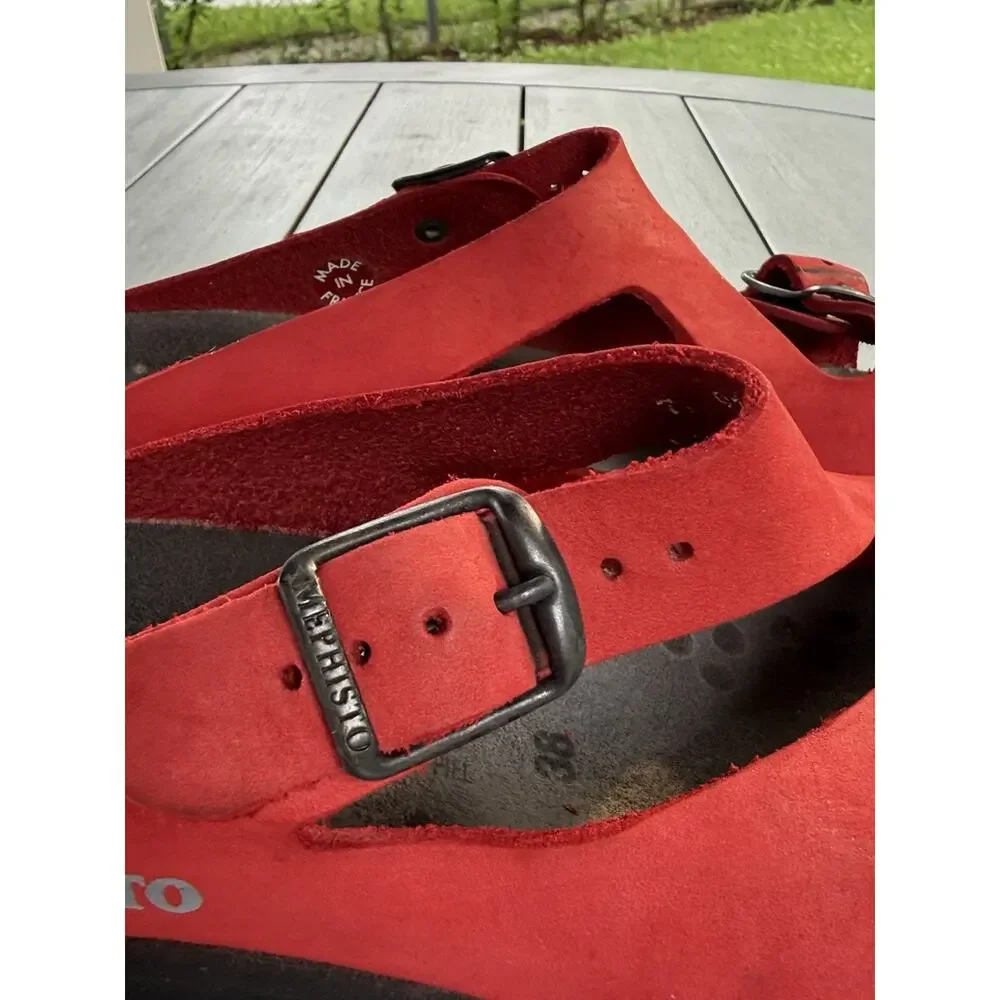 Mephisto Red Leather Nubuck Wedge Slide Sandals Shoes Womens Size EU 38 US 7